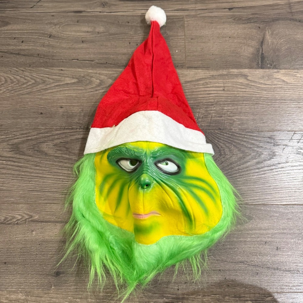 The Grinch Christmas Latex Mask with Santa Hat Green Faux Fur Costume Cosplay